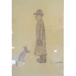 After L.S. Lowry, a print sketch of a man with dog, 29.5 x 20cm, in an ebonised frame,