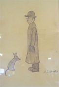 After L.S. Lowry, a print sketch of a man with dog, 29.5 x 20cm, in an ebonised frame,
