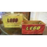 Two Reproduction Painted Pine Boxes For Lego Bricks, painted in yellow and red with carry ropes,