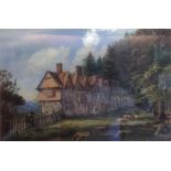 English School "Row Of Cottages In Rural Landscape", Victorian oil on canvas, signed indistictly