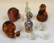 Eight Assorted Animal Related Glass Paperweights, to include a Murano duck example, also Wedgwood