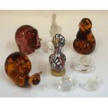 Eight Assorted Animal Related Glass Paperweights, to include a Murano duck example, also Wedgwood