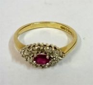 A Ladies Ruby & Diamond 9ct Gold Marquise Style Dress Ring, size M