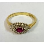 A Ladies Ruby & Diamond 9ct Gold Marquise Style Dress Ring, size M