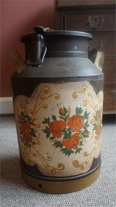 A Large French Painted Metal Milk Churn, of cylindrical form, with handles, 53cm high