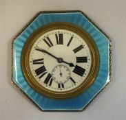 A George V Silver & Blue Guiloche Enamel Desk Clock, Hallmarks for Birmingham 1925, of octagonal