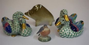 A Hungarian Porcelain Figure Of A Boar By Zsolnay Pecs, 7cm high, also with two porcelain duck