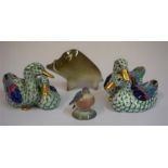 A Hungarian Porcelain Figure Of A Boar By Zsolnay Pecs, 7cm high, also with two porcelain duck