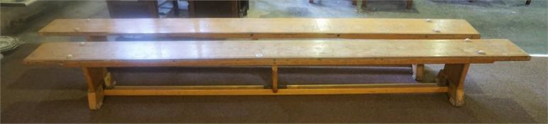 Two Vintage School Benches, with rectangular plank top, 274cm long, 24cm deep, (2)