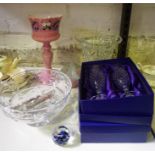 A Small Quantity Of Crystal & Glass, to include a Victorian pink opaque glass Girondel with glass