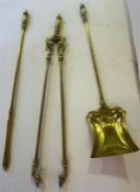 Three Vintage Brass Fire Irons, Comprising of a shovel, tongs and poker, (3)