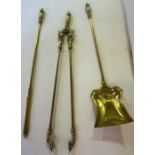 Three Vintage Brass Fire Irons, Comprising of a shovel, tongs and poker, (3)