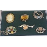 Six Antique Style Costume Brooches, to include an Iona style and Cameo style brooch, also with a