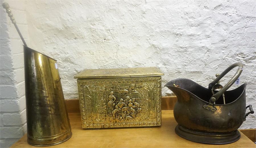 A Mixed Lot Of Vintage Brass Wares, to include a brass coal helmet, coal box, fire irons etc, (a