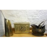 A Mixed Lot Of Vintage Brass Wares, to include a brass coal helmet, coal box, fire irons etc, (a