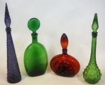 Four Italian Coloured "Empoli" Glass Bottle Vases With Stoppers, of various sizes, in red, green and