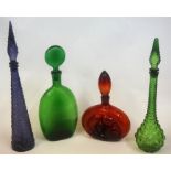 Four Italian Coloured "Empoli" Glass Bottle Vases With Stoppers, of various sizes, in red, green and