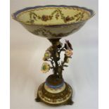 A Victorian Style Continental Ceramic & Gilt Metal Centrepiece, Decorated with encrusted flowers and