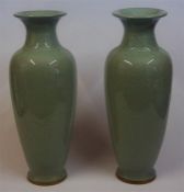 A Large Pair Of Chinese Celadon Glazed Baluster Vases, 20th century, reign marks to underside,
