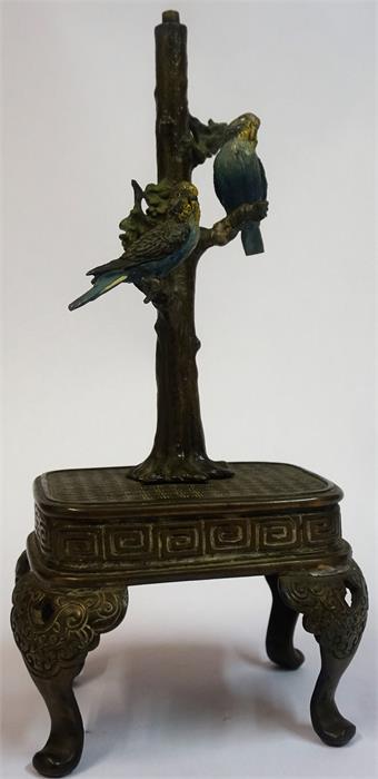 A Cold Painted Lamp Base, circa late 19th century, decorated with two parrots perched on a