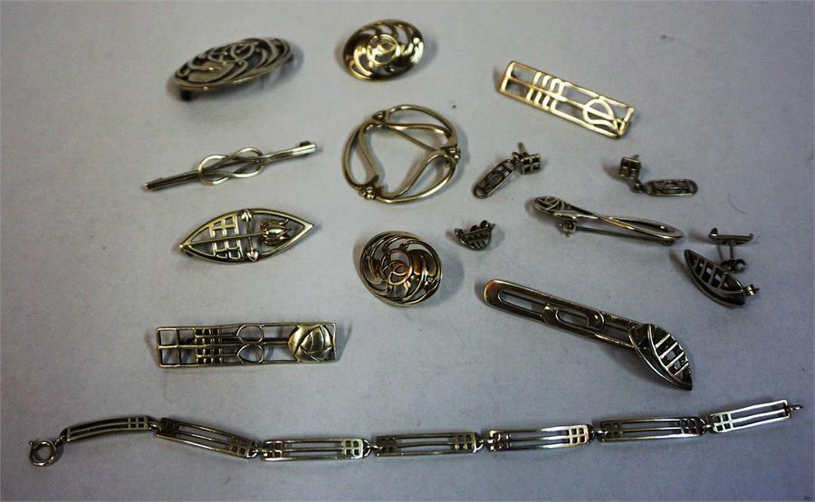 A Collection Of Modern Charles Rennie Mackintosh Silver Jewellery, to include brooches, bracelet,