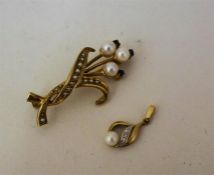 A 9ct Gold Pearl & Seed Pearl Brooch, also with a gold & seed pearl earring, (2)