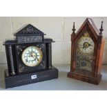 A Late Victorian French Black Slate Mantel Clock, 36.5cm high, lacking back cover and pendulum, also