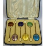 A Set Of Six Silver & Harlequin Enamel Coffee Spoons, with bean top terminals, hallmarks for