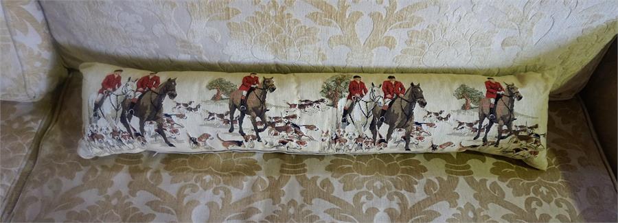 A Modern Cushioned Draught Excluder, Depicting Hunting scenes, 90cm long, 23cm deep