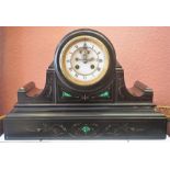 A Late Victorian French Black Slate Drum Head Mantel Clock, with malachite decoration, the twin