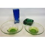 A Pair Of Borders Art Glass Bowls, tinted in green, 22cm diameter, also with two pieces of 1960s