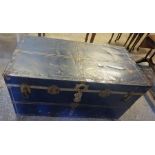 A Vintage Blue Painted Metal Travel Trunk, with a hinged top, 53cm high, 102cm wide, 54cm deep