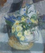 Margaret Thomas (1916-2016) "Primroses" Oil On Board, 33.5 x 29cm, old catalogue label dated 1980 to