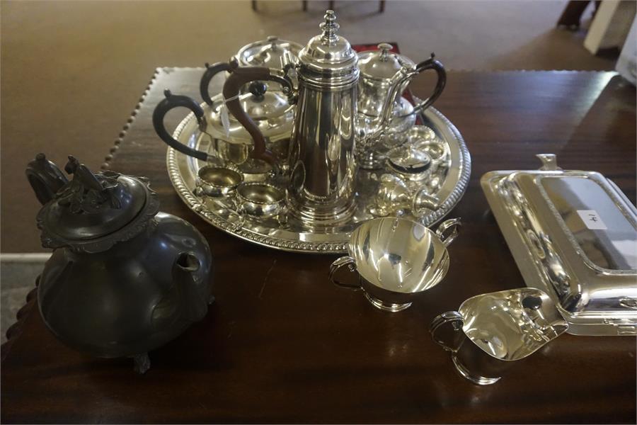 A Quantity Of Silver Plated Wares, to include a Georgian style coffee pot, glass claret jug with a - Image 4 of 8