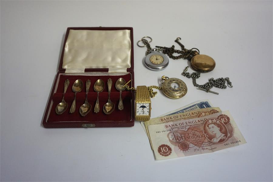 A Mixed Lot Of Jewellery, Silver & Banknotes, to include a 9ct gold opal ring, a silver albert