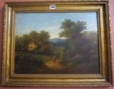 British School 19th Century "Woman On Country Path" Oil On Panel, signed indistinctly lower right,