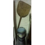 Six Assorted Vintage Tin Pails, to include enamel examples, also with a wooden paddle, (7)