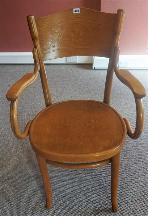 A Thonet Bentwood Armchair, circa 1920s, Decorated with floral panels, with original label to