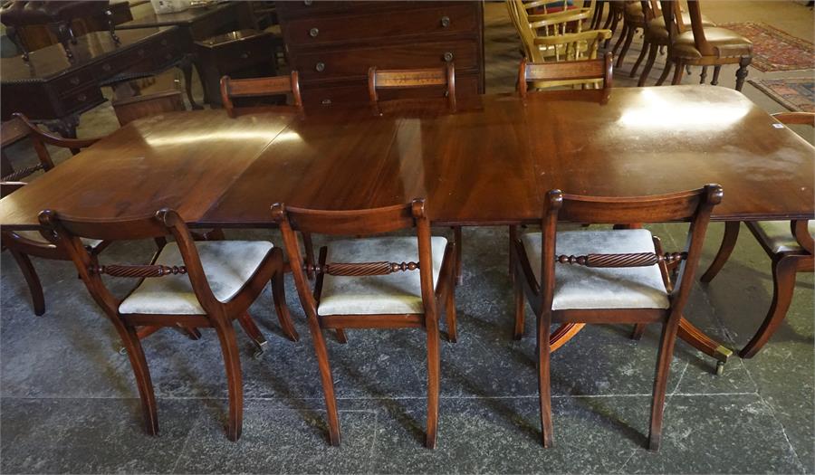 A Reproduction Mahogany Twin Pillar Dining table With Eight Dining Chairs, in the Regency style, - Image 2 of 3