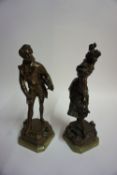 A Pair Of French Spelter Figures, circa early 20th century, modelled as a male with fiddle and a