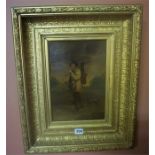 British School 19th Century "Figure With Dogs" Oil On Panel, 30 x 20cm, in a giltwood frame