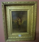 British School 19th Century "Figure With Dogs" Oil On Panel, 30 x 20cm, in a giltwood frame