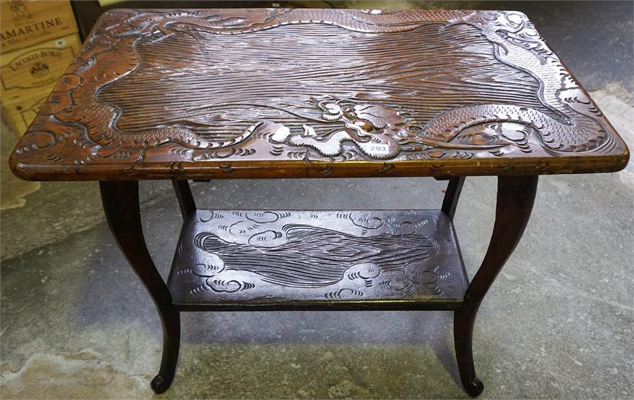 A Chinese Style Hardwood Occasional Table, with under tier, 66cm high, 91cm wide, also with a wicker