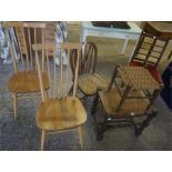 A Mixed Lot Of Chairs & Stools, to include a pair of Blonde Ercol chairs, an Antique wheel back