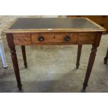 A Victorian Birch Writing Table, with a leather insert above a single drawer, raised on turned legs,