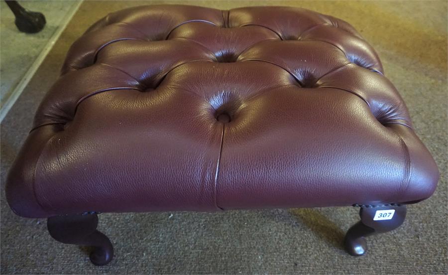 A Modern Leather Buttoned Footstool, wine coloured, raised on cabriole legs, 32cm high - Image 2 of 2