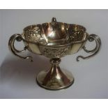 An Edwardian Silver Three Handled Cup, Hallmarks for Birmingham 1905, Decorated with Chinese style