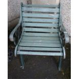 A Painted Cast Iron Garden Chair, with wooden slats to back rest and seat, 97cm high