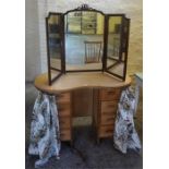 A Pine Kidney Shaped Dressing Table, 77cm high, 103cm wide, 52cm deep, also with a mahogany tri-