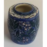 A Holyrood Art Pottery Cylindrical Pot, with allover glazed floral panels on a blue ground,
